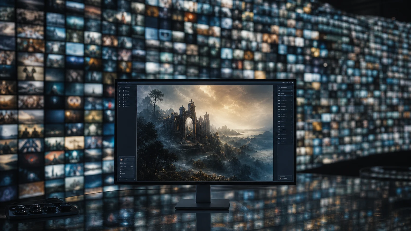 Фотореалистичная редакционная сцена с экраном генеративного AI-арта и множеством размытых исходных изображений позади