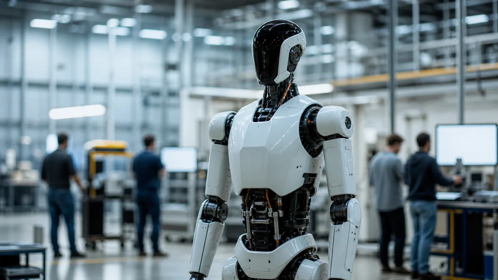 Премиальная редакционная сцена с гуманоидным роботом Apollo и индустриальным окружением, символизирующим масштабирование производства