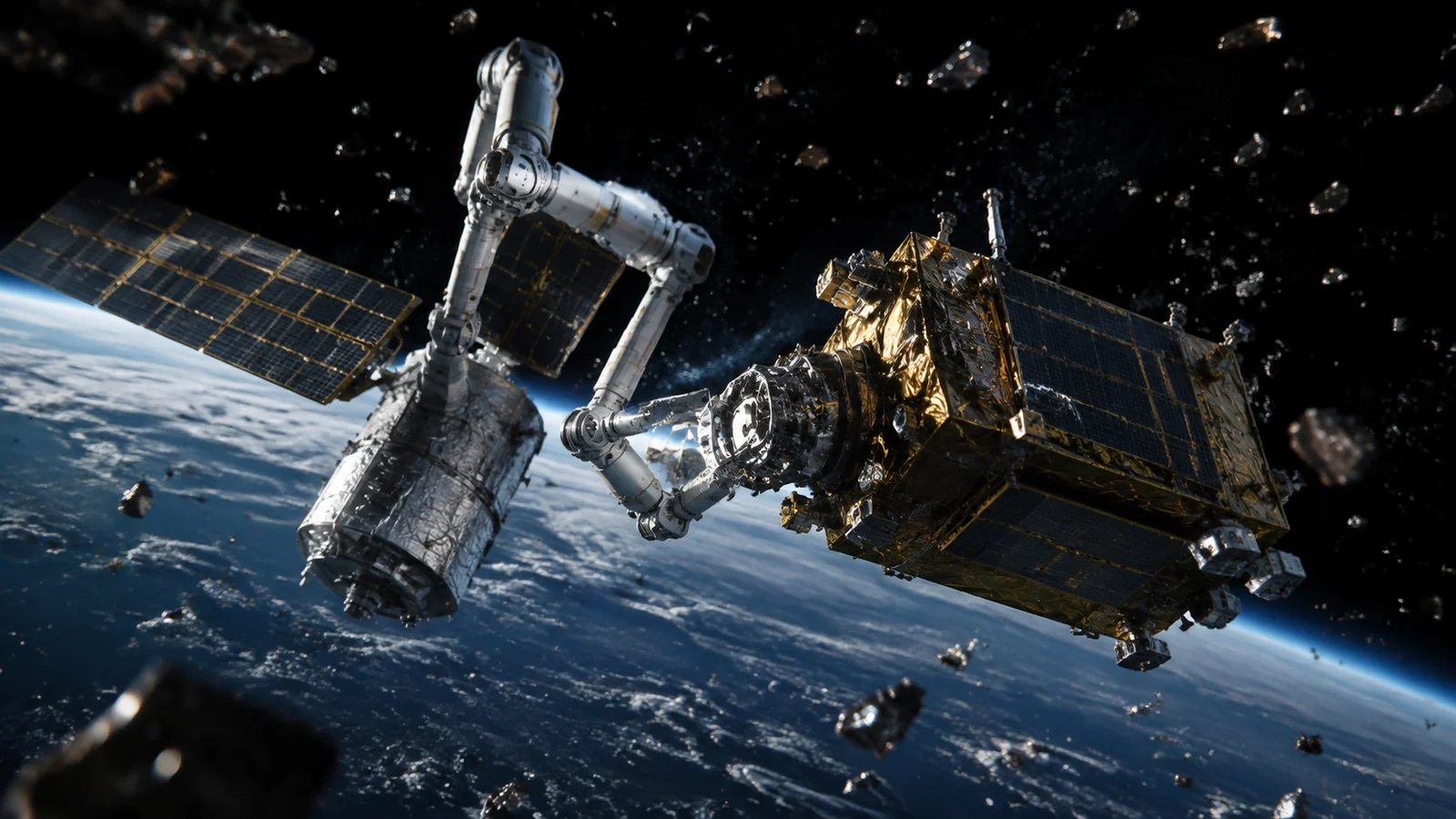 Сервисный аппарат Astroscale приближается к неуправляемому фрагменту ракетной ступени на околоземной орбите на фоне Земли
