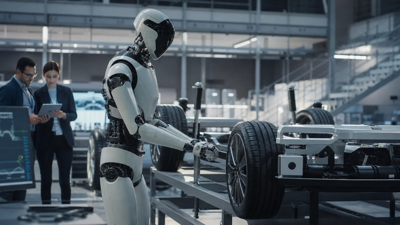 Редакционная сцена сотрудничества робототехнической платформы и AI foundation models на примере промышленного гуманоидного робота