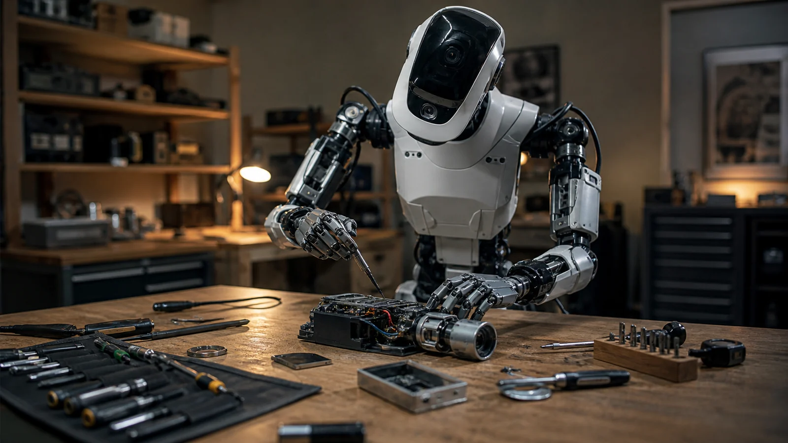 Редакционная сцена агентного физического AI: робот использует инструменты и выполняет многошаговую задачу в реальной среде