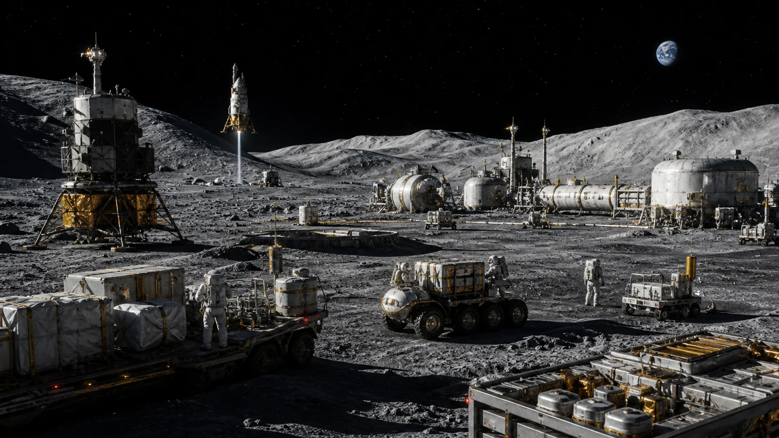Лунная логистика с посадочным модулем, грузовыми системами и инфраструктурой устойчивого присутствия на Луне