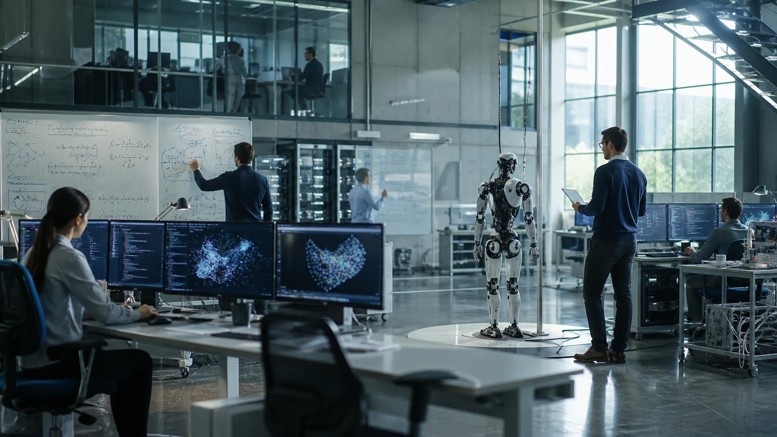 Исследовательский центр AI: лаборатория, робототехника и вычислительные станции в едином редакционном кадре