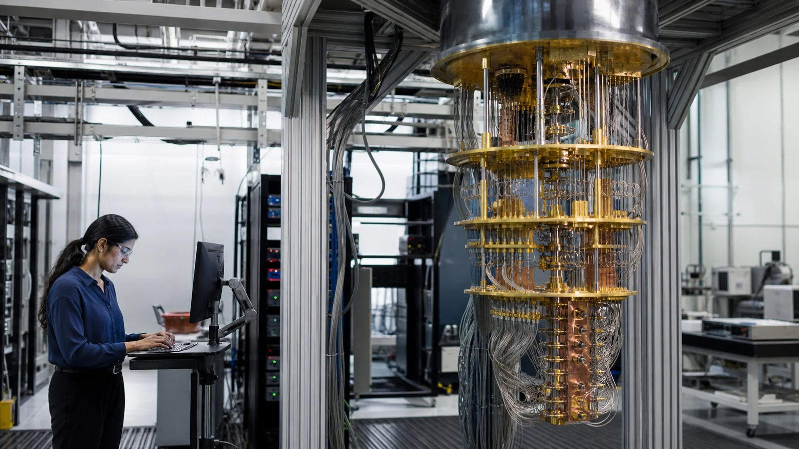 Сверхпроводниковая квантовая лаборатория и криогенная система с облачным интерфейсом в редакционной научной эстетике
